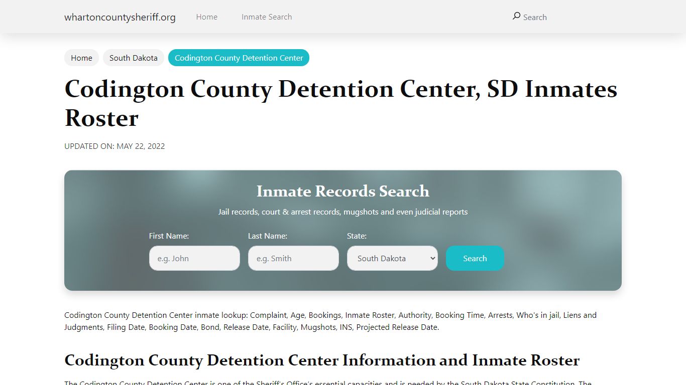 Codington County Detention Center, SD Jail Roster, Name Search